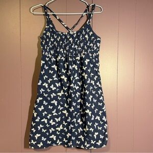 Vintage 90s Cotton Navy Blue Butterfly Print Smocked Mini Dress Size Small